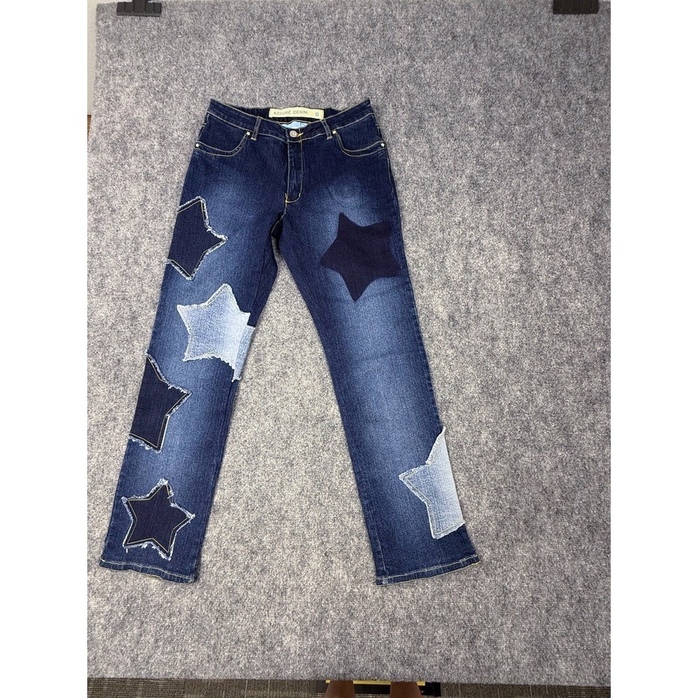 Azzure Denim Star Patchwork Jeans Dark Wash Straight Leg Size 33 NEW